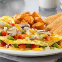 Vegetarian omelette w/home fries & toast · Beaten eggs that are folded over a filling. Soft cooked diced potatoes. Hot, browned sliced ...
