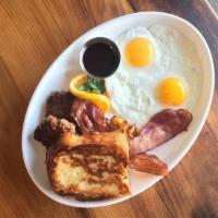 French toast add bacon & egg · Panfried bread.