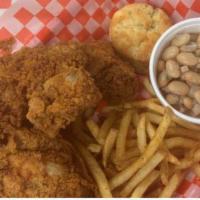  Fried 1/2 Chicken  · Hand breaded white meat or mixed for an additional charges. Includes fries, cheddar biscuit,...