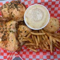  Roasted 1/2 Chicken  · Hand rubbed with spices white meat or mixed for an additional charges. Includes fries, chedd...