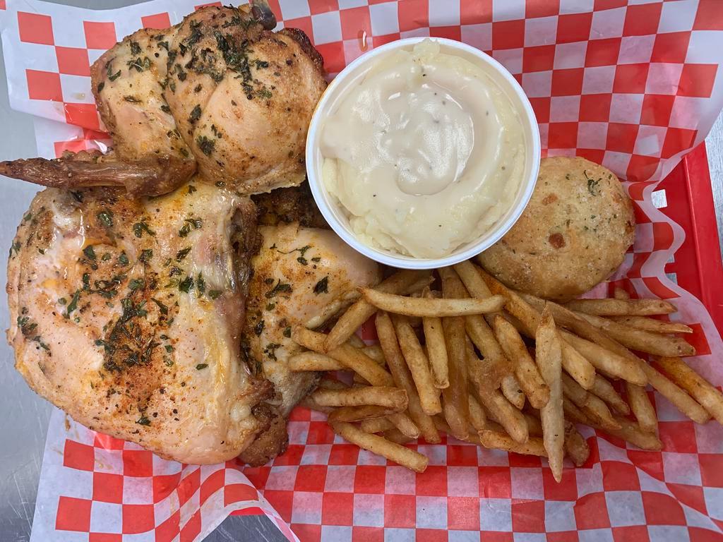  Roasted 1/2 Chicken  · Hand rubbed with spices white meat or mixed for an additional charges. Includes fries, cheddar biscuit, 1 side and drink.