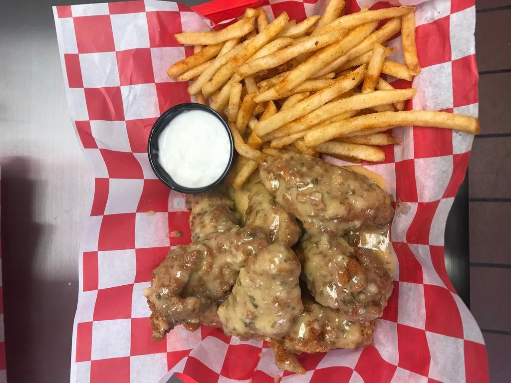 8 Wings Fries and Drink · 8 Wings Breaded or Naked.  You may split the wings and have 4 or each.  You also have the option of two different Sauces