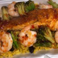 Salmon & Shrimp over Rice with Broccoli · Sweet chili, honey jerk, and jerk. Served with choice of rice.