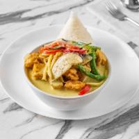 Vegan Green Curry · Authentic Thai green curry sauce with eggplant, bamboo shoots, string beans, bell peppers an...