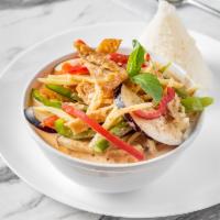 Vegan Red Curry · Smooth and creamy Thai red curry sauce with eggplant, bamboo shoots, string beans, bell pepp...