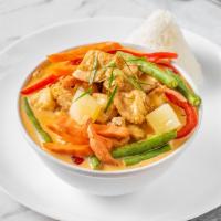 Vegan Panang Curry · Red creamy Thai chili paste with string beans, bell peppers, carrots and pineapple with coco...