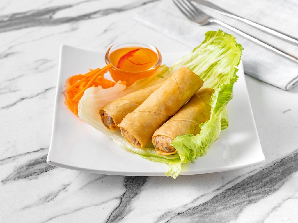 Vegan Spring Roll · Crispy Vegetable Spring Rolls Stuffed with  mixed veggies, glass noodle, served with plum sauce.