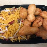 C2. Sweet and Sour Chicken Combo Plate · Served with egg roll and pork fried rice.