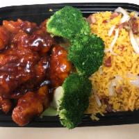 C14. General Tso's Chicken Combo Plate · Served with egg roll and pork fried rice. Hot and spicy.