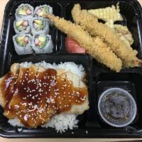 B5. Chicken Teriyaki Deluxe Platter · Served with tempura, California roll, soup, salad and rice.
