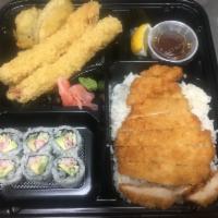 B8. Chicken Katsu Deluxe Platter · Served with tempura, California roll, soup, salad and rice.