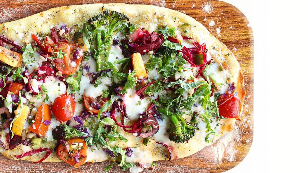 roasted veggies ＆ kale · spicy feta, mozzarella ＆ feta, roasted vegetables, sundried tomato salad, pickled beets, red cabbage slaw, spicy mango drizzle, kale