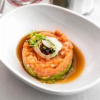 Salmon Tartar · Chopped salmon mixed with avocado, crunch, tobiko, and special sauce