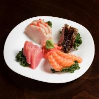Happy Sashimi Platter · 10 pieces assorted sashimi and side of steamed rice.