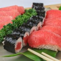 Fancy Tuna · 4 pieces of tuna sushi and 6 pieces of tuna sashimi with tuna roll.