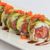 Dragon Roll · Spicy salmon and spicy tuna, topped with avocado, sweet sauce, and tobiko.