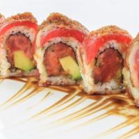 Crazy Tuna Roll · Spicy tuna, crunch and avocado, topped with pepper tuna and special sauce.