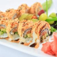Great Alaska Roll · Salmon, avocado and cucumber, topped with spicy kani.