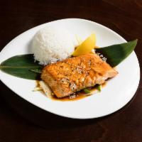 Salmon Teriyaki · Served with white or brown rice & Soup or house salad.
