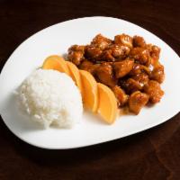 Orange Chicken · Served with white or brown rice & Soup or house salad.