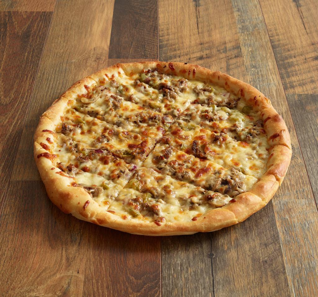 Philly Steak Pizza · Brick oven loaded with steak, onions, mushrooms, peppers and mozzarella cheese.