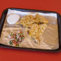 Quesadilla Plate · Large quesadilla loaded with cheese and your choice of filling with 2 sides.