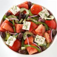 Greek Salad  · Org. grapes tomato, cucumber, green peppers, red peppers, feta cheese, kalamata olives, oreg...
