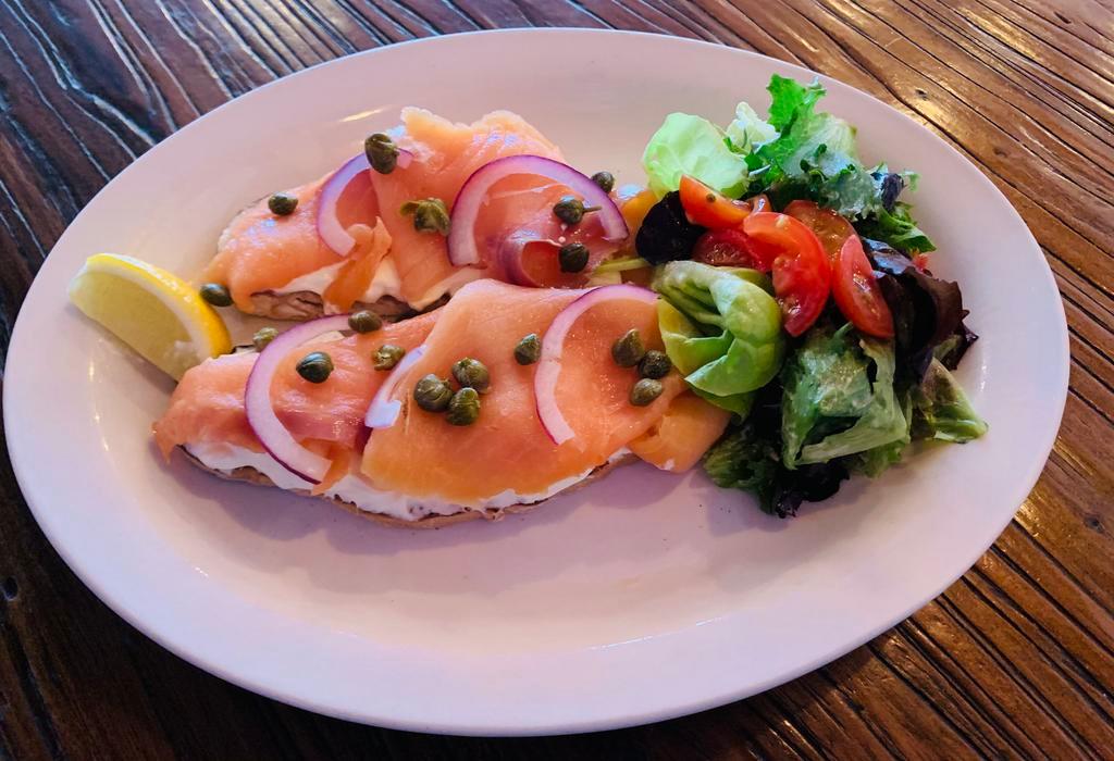 Tartine de Saumon Fume · Smoked Salmon, Creme Fraiche, Capers, Red Onions, Served on Toasts with Green Salad
