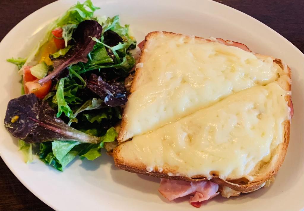 Croque Monsieur Lunch · Ham, Swiss cheese and bechamel open sandwich.