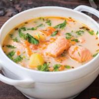 Salmon Chowder Soup · Salmon, Sweet Corn, Potato and many more delicious ingredients. 
