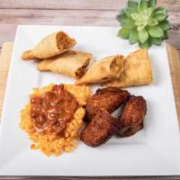 plant based lunch special with sides · 2 plant-based beef empanadas,rice & beans,sweet plantains and a fountain drink 