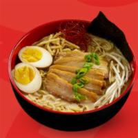 Tonkotsu Ramen Bowl · Rich pork broth, ramen noodles, braised pork belly, marinated bamboo shoots, scallions, bean...