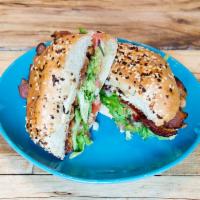Bagel BLT · Toasted bagelicious everything bagel with mayo, bacon, lettuce, and pico de gallo.