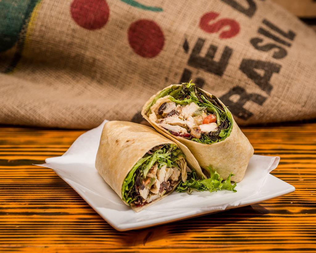 Chicken Salad Wrap · chicken, mayo, celery, dried cranberries, red onion, and mixed greens on sundried tomato basil wrap