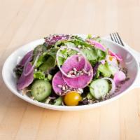 Sunflower Crunch Salad · Mixed greens, cabbage, romaine, cherry tomatoes, carrots, radish, red onion, sunflower seeds...