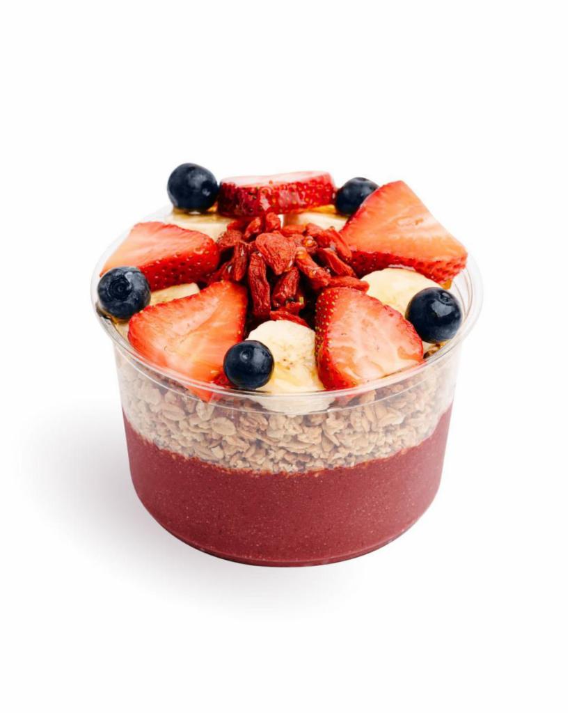 Moberi Bowl · Original Acai topped with granola, banana, strawberry, blueberry, goji berry, honey 