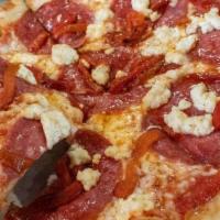 Salami Pie · Tomato Sauce, Mozzarella, Salami, Ricotta, Roasted Red Peppers, Drizzled with Spicy Honey