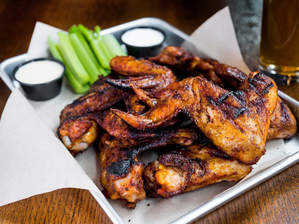 Famous Smoked Whole Wings (GF) · Three or Six Whole Wings. Dry Rubbed, Smoked and Grilled. 