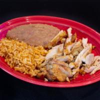 Kids Plato con Carne · A smaller serving of meat, rice and beans served with tortillas on the side.