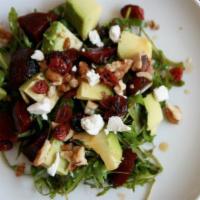 spinach salad with shrimp · Baby Spinach,Crumbled Goat Cheese, Cranberries, Walnuts, Lemon Vinaigrette