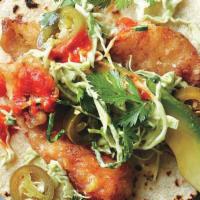 FISH TACOS · LIGHTLY BATTERED COD, PICO DE GALLO, AVOCADO, CORN AND SALSA IN FLOUR TORTILLA. SERVED WITH ...