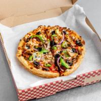 Supreme Max Pizza · A hearty combination of lean beef, pepperoni, seasoned pork toppings, savory onions, black o...