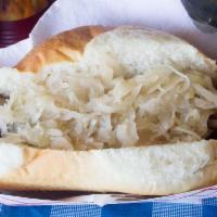Bratwurst · Bratwurst on the roll, with sauerkraut and grilled onions.