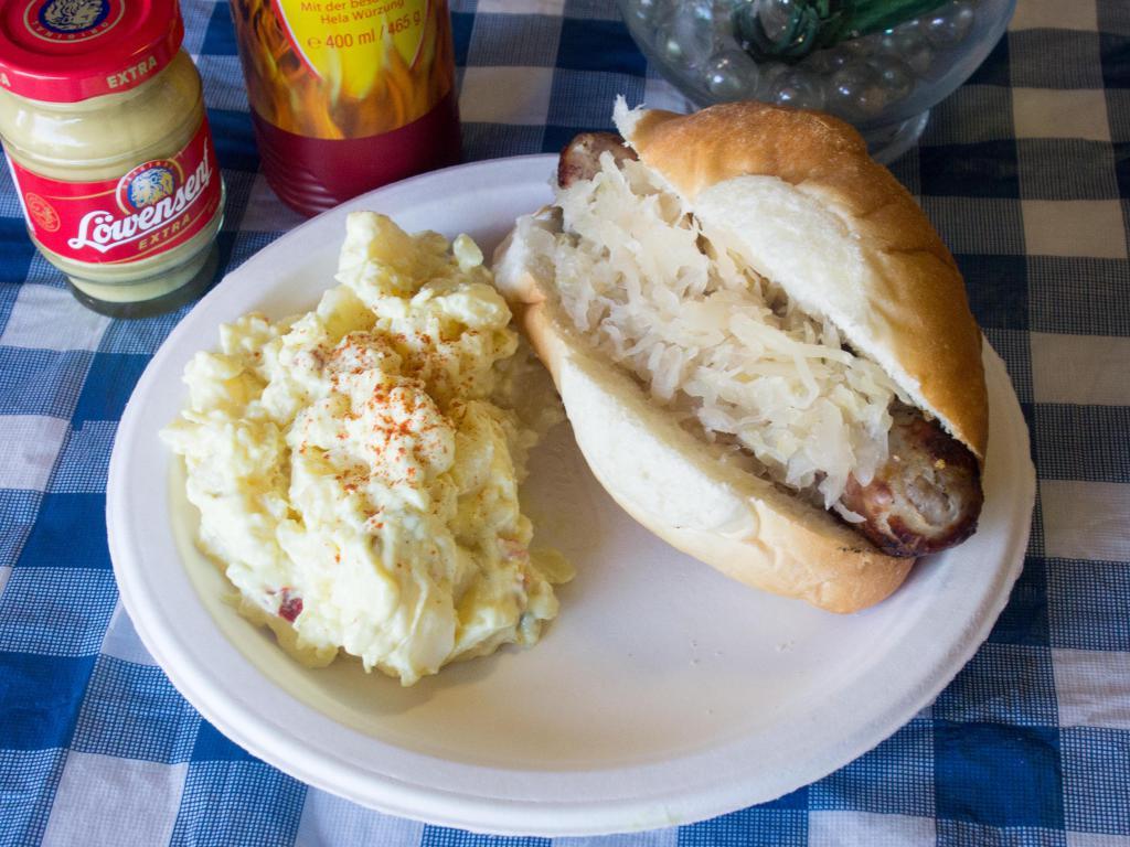 Bratwurst Plate · Sliced bratwurst on a roll. Served with your choice of cold potato salad or warm red cabbage.