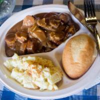 Jagerwurst Plate · Sliced bratwurst topped with mushroom gravy sauce. Served with your choice of cold potato sa...