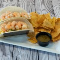 Baja Shrimp Taco · Marinated grilled shrimp, shredded cabbage and mango salsa with chips and salsa.