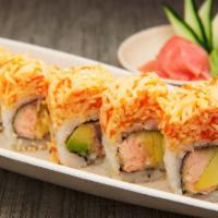 Fuji Roll · Tempura'd salmon and avocado, topped with spicy kani.