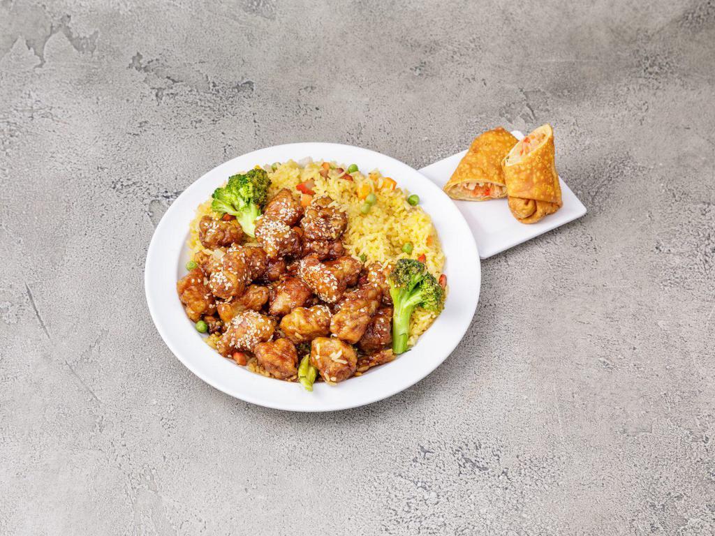 S19. Sesame Chicken Combo · Served with pork fried rice and a choice of egg roll or canned soda. 