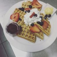 50/50 Waffles · Scratch-made waffles topped with fresh fruit and whipped cream. (gluten not)