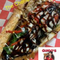 The “Champ” Cutlet · Cutlet topped with sautéed spinach, roasted peppers, aged provolone and topped with balsamic...